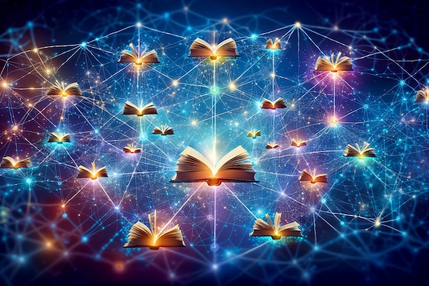 Unveil the interconnected world of knowledge with our image of glowing web like books a visual metaphor for the internet educational significance AI Generated