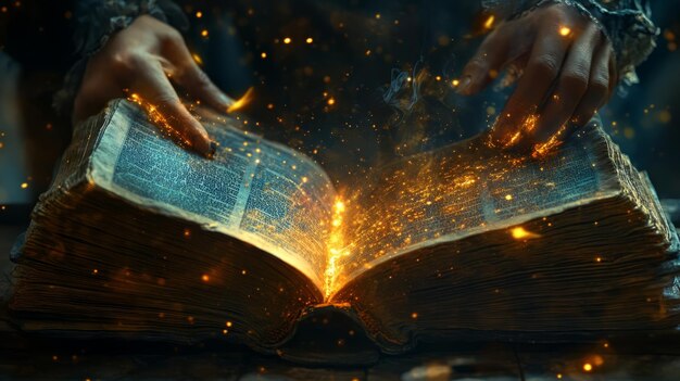 Photo unveiling ancient wisdom glowing pages of an arcane book