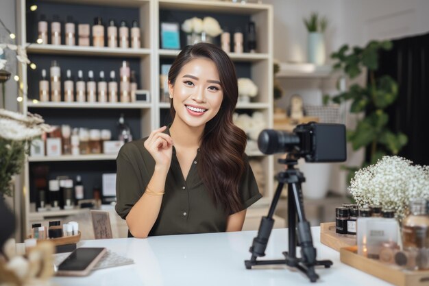 Photo unveiling the power of an asian businesswoman live video interactions vlogging and social media i