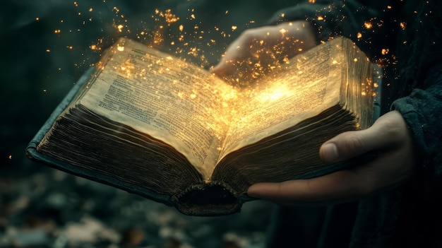 Photo unveiling secrets a glowing ancient book opens its pages