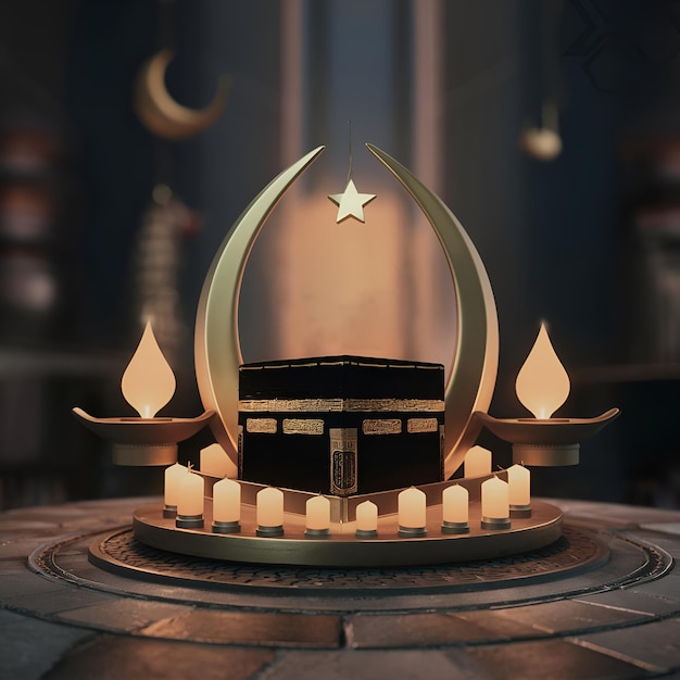 Unveiling the symbols of Eid al Adha star and crescent Kaaba and oil lamps mockup template