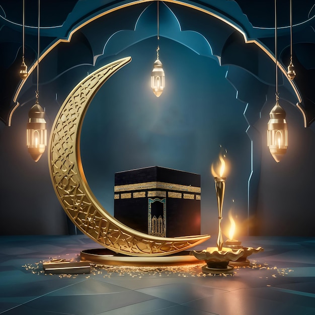 Unveiling the symbols of Eid al Adha star and crescent Kaaba and oil lamps mockup template