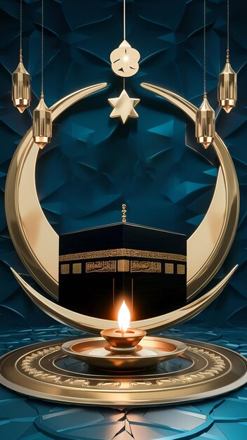 Unveiling the symbols of Eid al Adha star and crescent Kaaba and oil lamps mockup template