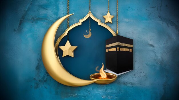 Unveiling the symbols of Eid al Adha star and crescent Kaaba and oil lamps mockup template