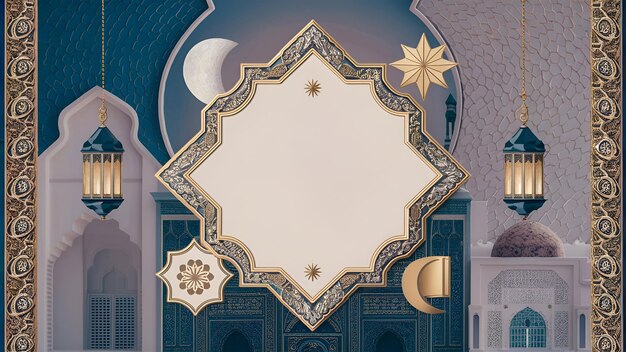 Unveiling the symbols of islamic star and crescent Kaaba and oil lamps mockup template