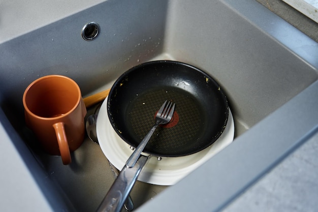 Unwashed dirty dishes in kitchen sink