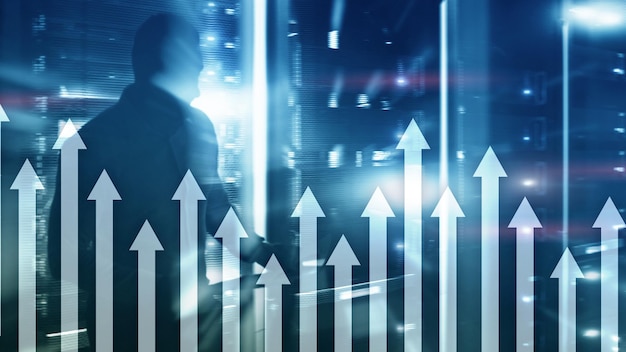 Up arrow graph on skyscraper background Invesment and financial growth concept