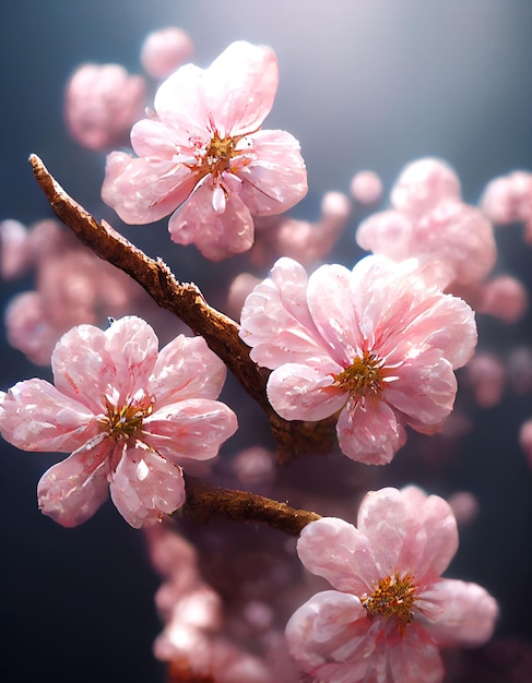 Up-close light pink Cherry blossoms in season with a blurred on the background.