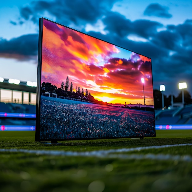 up close massive led tv stand at the center of a soccer field HDR Sony A7