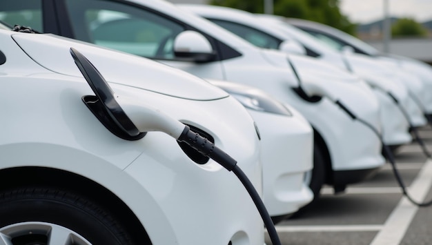 Photo up close shot of white electric cars charging at sustainable transportations charging station