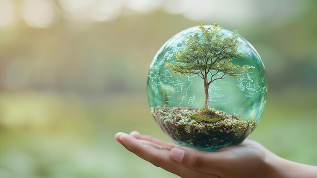 Photo an up close view of an earth crystal globe including a globe map and tree held by a hand on a bright green background with a large copy space generative ai