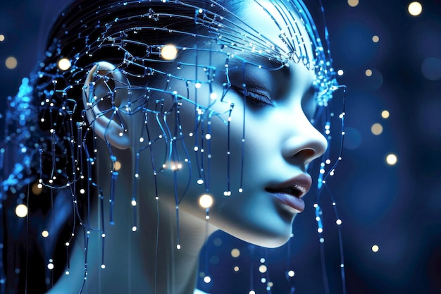 An up close view of a humanoid cyber woman equipped with a neural network