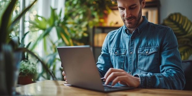 An up close view of a young man connected to wifi in his office with a laptop and mobile phoneA man