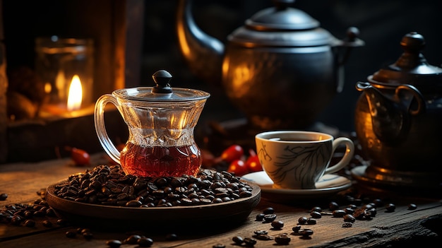 up of coffee with smoke and coffee beans on old wooden background Moka pot and coffee cup