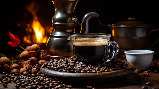 up of coffee with smoke and coffee beans on old wooden background Moka pot and coffee cup