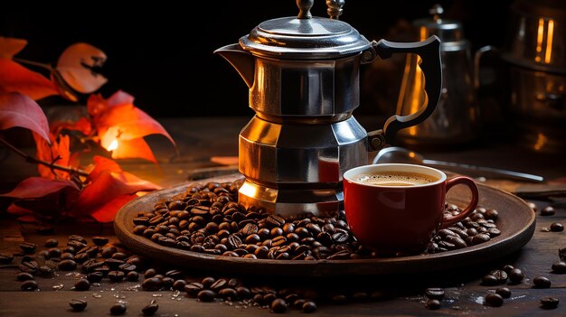 up of coffee with smoke and coffee beans on old wooden background Moka pot and coffee cup