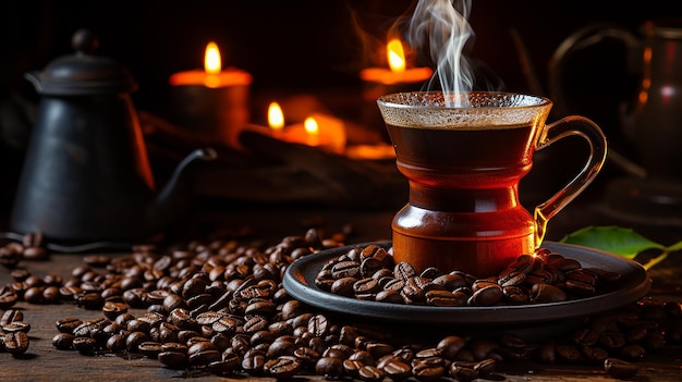 up of coffee with smoke and coffee beans on old wooden background Moka pot and coffee cup