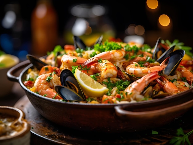 An upclose photo of a succulent dish of seafood paella Generative AI