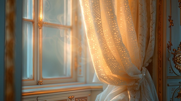 Upclose shot of delicate lace curtains billowing gently by an ornate window casting soft li