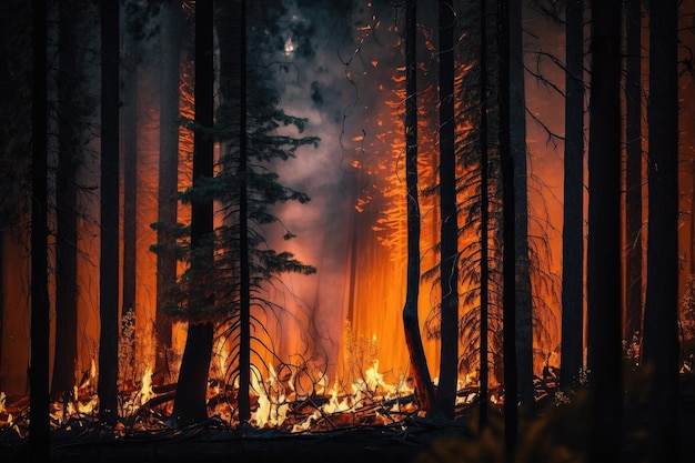 Upclose shot of a forest fire burning through the trees