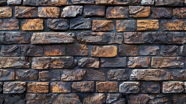 An upclose view of a weathered brick wall displaying varying sizes of bricks in a random pattern