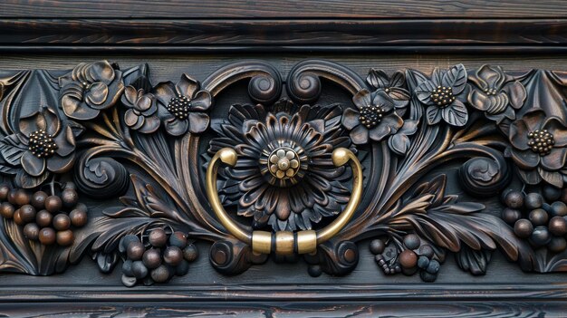 An upclose view of a wine cellar door with ornate carvings and a gold handle the door is a gateway