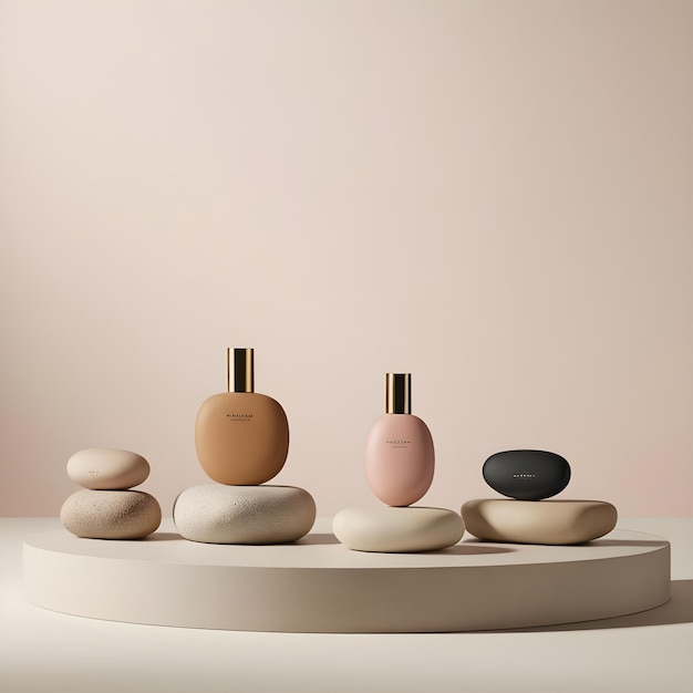 Upon the podium a series of smooth stone pebbles are arranged each one carefully selected