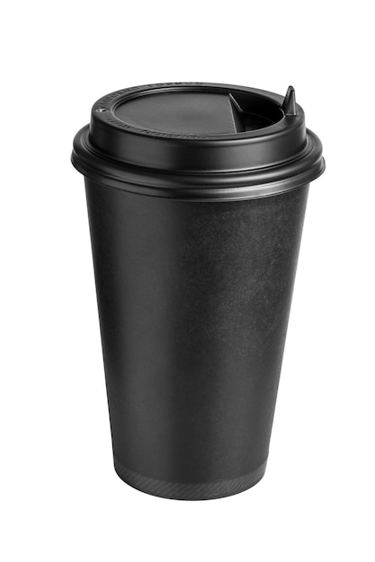 Upper-Front view of cardboard black coffee cup with lid isolated on white background.