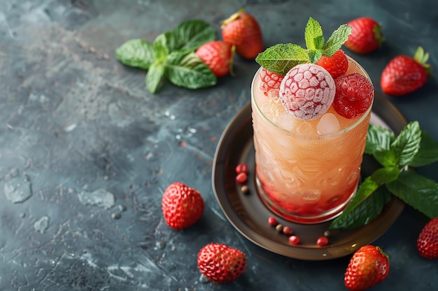 Upper picture of a Lychee Cocktail with lychee and leaves set against a black background with space for advertising Generative AI