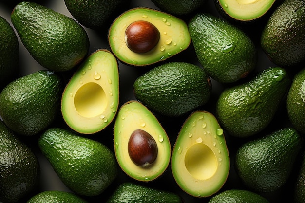 Upper view of half cut avocados in the white background generative IA