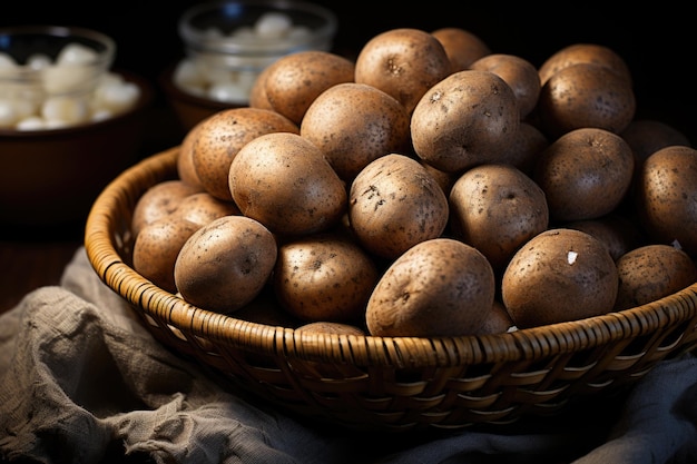 Upper view of potatoes in the basket and plate with pepper salt on the white sur generative IA