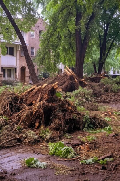 Uprooted trees and debris scattered on the ground created with generative ai