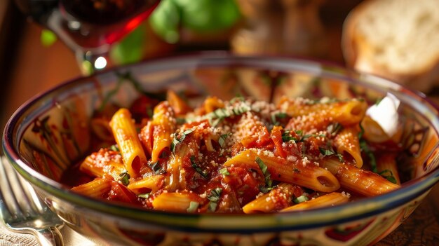 Photo upscale dining with penne pasta in spicy arrabbiata sauce featuring tomatoes garlic