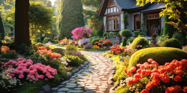 Upscale home garden with stone path luxury landscape design of house backyard Beautiful panorama of walkway flowers trimmed bushes and green plants Concept of landscaping nature yard Generative AI