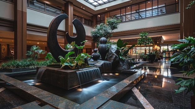 Photo upscale hotel lobby featuring central atrium with water feature and sculptures