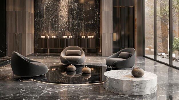 Photo upscale interior design with modern water feature and gray armchairs