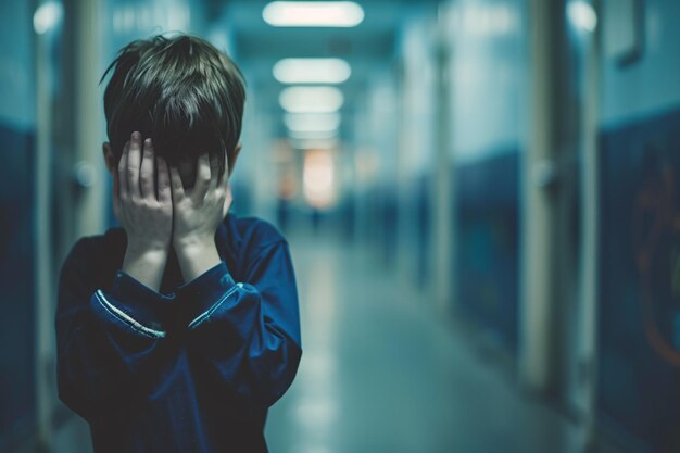 Upset boy covered his face with hands standing alone