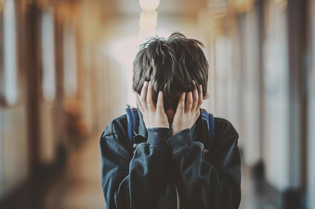 Upset boy covered his face with hands standing alone