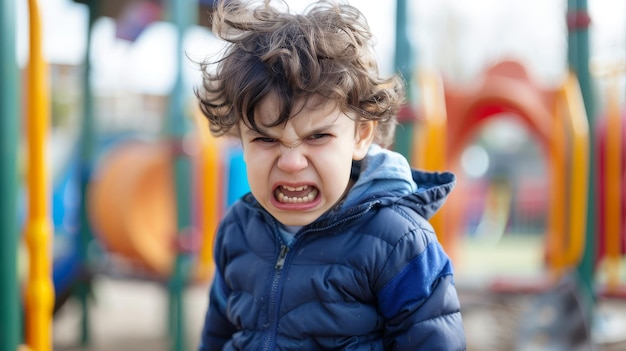 Upset child in winter clothes outside A very unhappy small child is making a displeased face bundled up in blue winter attire outdoors