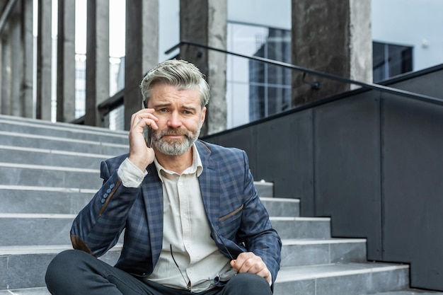 Upset and disappointed mature businessman sitting on stairs of office building outside man in