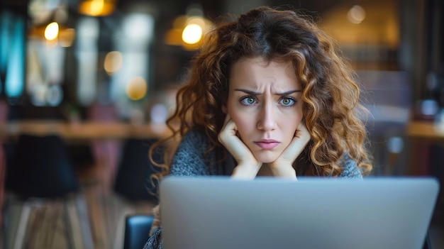 Upset female entrepreneur trying to concentrate on work laptop in modern workspace