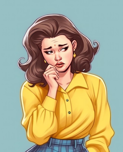 Upset girl in pinup style on a blue background