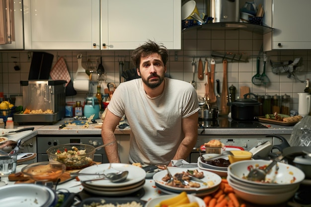 Photo upset man in messy kitchen many dirty dishware utensils and food leftovers on stove and countertop