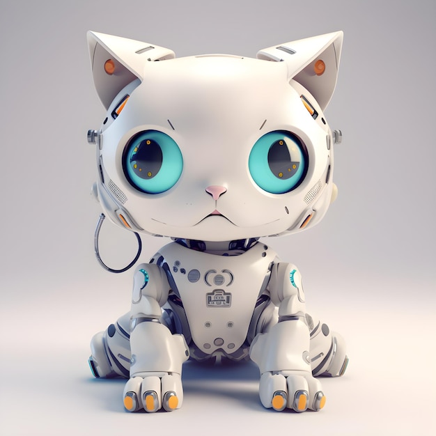 Upset robot kitten machine character Electronic interactive toy robot cat isolated on a light grey background High technology concept pet of the future electronic home Generative AI