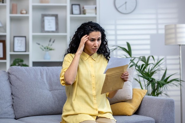 Upset and sad woman at home receiving bad news notification letter hispanic woman sitting on sofa in