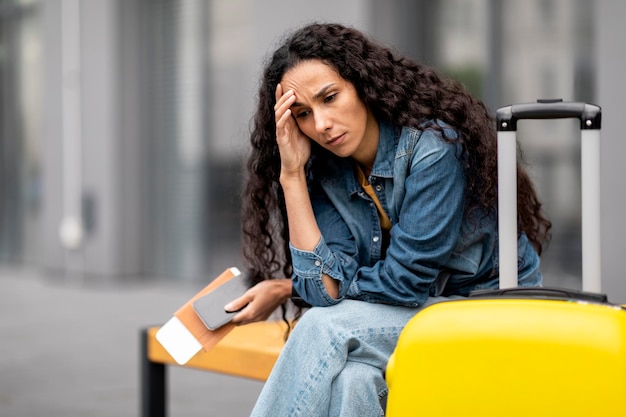 Upset young woman sitting on bench waiting for her flight