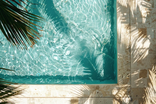 Photo upward image of travertine stone coupled with palm shadows and swimming pool water space