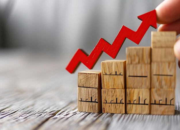 Upward Trend with Red Arrow and Wooden Blocks