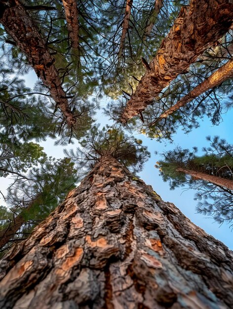 Upward View of Majestic Pine Trees in Forest Canopy