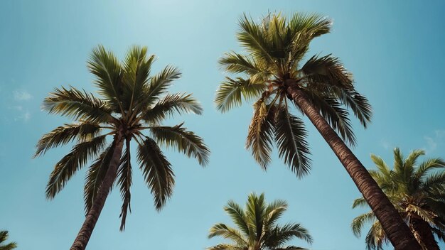 Upward view of palm trees against a serene blue sky with clouds